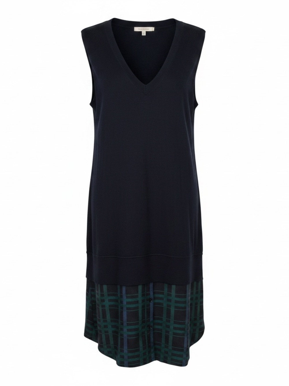Equipment Navy V-Neck Sleeveless Dress with Green Plaid Hem